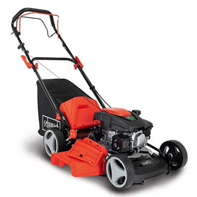 Abbildung von Scheppach MS161 46 Benzin Rasenmäher mit Antrieb 46cm Schnittbreite Reinigungsfunktion 55 Liter Fangkorb Stahlgehäuse 7 stufige Höhenverstellung Mulchfunktion Seitenauswurf Radantrieb