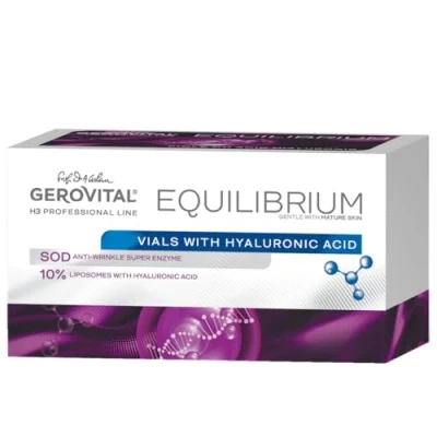 Abbildung von Fläschchen mit 10% Liposomen Hyaluronsäure Intensiv feuchtigkeitsspendendes und glättendes Serum gegen Falten Fältchen Profi Produkt Gerovital H3 Equilibrium, 20 x 2 ml