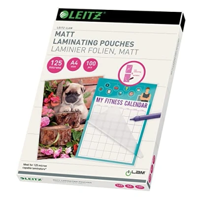 Abbildung von Leitz Heißlaminierfolien A4 Matt 125 mic, Hochwertige Laminierfolien im 100er Pack, zum Beschriften geeignet, für den Einsatz zu Hause oder Büro, abgerundete Ecken, Transparent, 16926