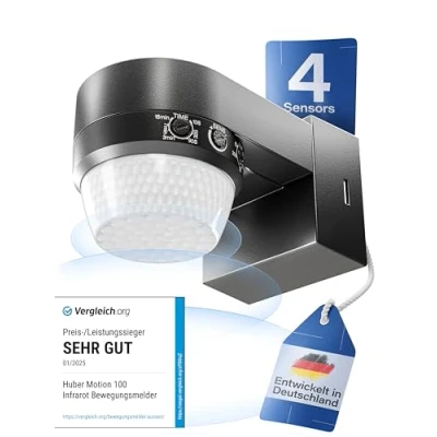 Abbildung von HUBER Motion 100 Infrarot Bewegungsmelder 360 mit 4 Sensoren und Fresnel Linse IP65 LED geeignet I inkl. Unterkriechschutz &amp; Bereichsbegrenzung, Wand /Deckenmontage, schwarz