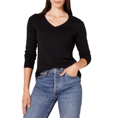 Abbildung von Amazon Essentials Damen Regular Fit Leichter Langarm Pullover V Ausschnitt (In Übergröße Erhältlich), Schwarz, XL Große Größen