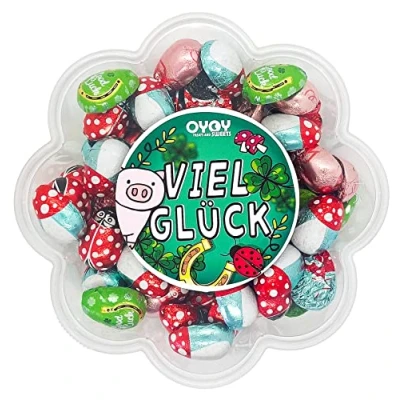Abbildung von 500g Glücksbringer aus Milchschokolade I ca. 65 Stück Fair Trade Kakao in einer &#039;Viel Glück&#039; Geschenkbox Dose Blumenform Ideal um einen kleinen Gruß zu senden