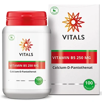 Abbildung von Vitals Vitamin B5 250mg, Calcium D Pantothenat, 100 Kapseln. Enthält eine Hohe Dosis in Reiner Form. 100% vegan Pantothensäure.