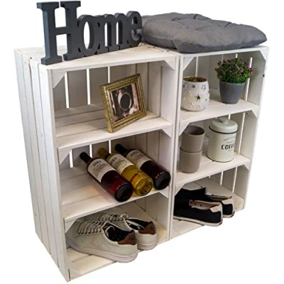 Abbildung von Kistenkolli Altes Land hohe Holzkiste Willi mit Zwei Zwischenbrettern 68x40x30cm HxBxT Schuhregal Bücherregal Nachttisch Weinregal (2er Set, Weiss)