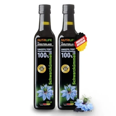 Abbildung von Kräuterland Schwarzkümmelöl 2x500ml (1Liter), ungefiltert, schonend kaltgepresst reich an THYMOCHINON (Thymoquinon) Frischegarantie: täglich mühlenfrisch direkt von unserer hessischen Ölmühle