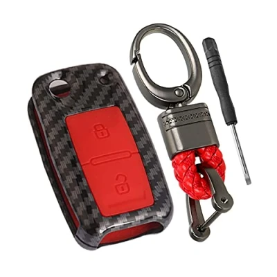 Abbildung von Happyit ABS Carbon Fiber Shell + Silikon Autoschlüsselabdeckung Fall passend für VW Volkswagen Amarok Polo Golf 4 5 6 MK4 Bora Jetta 2 Tasten (Rot)