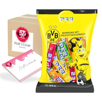 Abbildung von Fanartikel BVB Borussia Dortmund PEZ Spender inkl. Nachfüllungen Süßigkeiten 3er Pack (3x85g) von Pere&#039;s Candy® Box mit Geschenk
