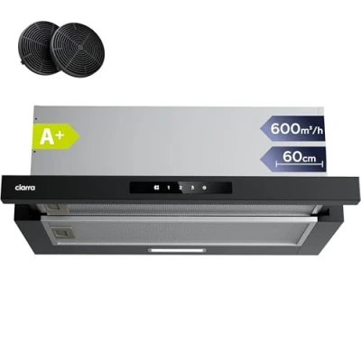 Abbildung von CIARRA CBCB6909A A+ Dunstabzugshaube 60 cm 600 m3/h Flachschirmhaube mit CBCF055 Aktivkohlefilter Integrierte Flach Abluft Umluft Abzugshaube 3 Leistungsstufen für Küchen Schwarz