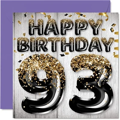 Abbildung von Geburtstagskarte zum 93. Geburtstag für Männer schwarze und goldene Glitzerballons Happy Karten 93 Jahre alten Mann Papa Great Grandad Grandpa Gran 145 mm Ninety Third Grußkarten Geschenk