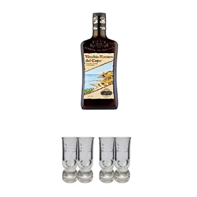 Abbildung von Caffo Vecchio Amaro del Capo Kräuterlikör aus Italien 1,0 Liter + Shot Gläser mit Eichstrich 2 Stück