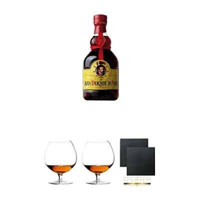 Abbildung von Gran Duque de Alba Solera Reserva 0,7 Liter + Cognacglas/Schwenker Stölzle 1 Stück 103/18 Schiefer Glasuntersetzer eckig ca. 9,5 cm Ø 2