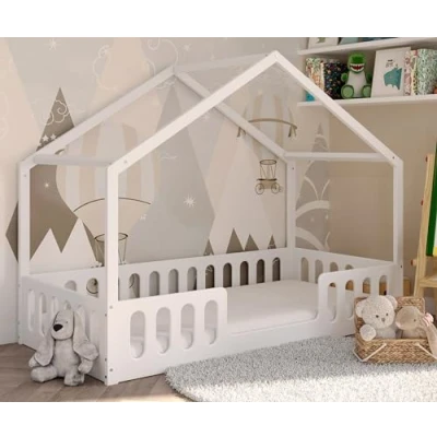 Abbildung von CADANI Kinderbett Janne weiß (inklusive einer Umbauseite), Bodenbett, einfache Montage, Hausbett, integrierter Lattenrost, Montessori