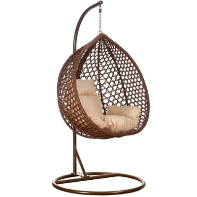 Abbildung von RAMROXX Hängesessel Luxus Style XXL Rattan Korb und Gestell Braun mit Relaxkissen Beige