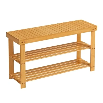 Abbildung von SONGMICS Bambus Schuhregal, Schuhschrank mit Sitzbank, Schuhbank 3 Ablagen 90 x 28 45 cm ideal für Wohnzimmer, Flur, Bad, Diele, LBS90N