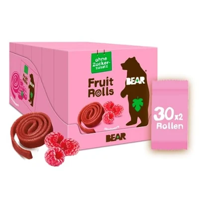 Abbildung von BEAR Fruchtrollen Himbeere 100% Natürliche Inhaltsstoffe Ohne Zusatz von Zucker Gesunder Snack für Kinder &amp; Erwachsene 30 Beutel x 20g 600g