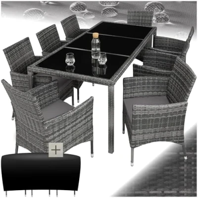 Abbildung von tectake® edles Outdoor Gartenmöbel Set Rattan Sitzgruppe mit Sessel und Tisch für 8 Personen, inkl. Schutzhülle Polstern, Balkon Möbel wetterfest grau meliert/grau