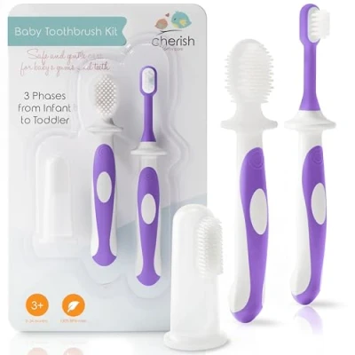 Abbildung von Cherish Baby Care Zahnbürsten Set (3 24 Monate) Sicherheitsgeprüfte &amp; BPA freie Fingerzahnbürste Baby, Zahnbürste Kleinkind Komplettes (lila)