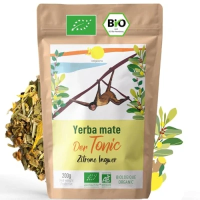 Abbildung von ORIGEENS Bio Yerba MATE MIT ZITRONE und INGWER 200 g Der Stärkende I Matetee Ungeröstet, Blätter, Frei von Stängeln Staub Energie Detoxgetränk