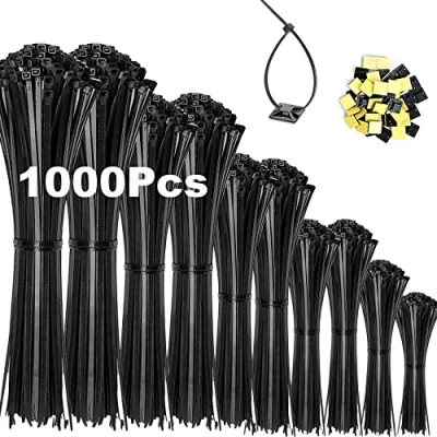 Abbildung von Honyear 1000 Stück Kabelbinder Schwarz 100/150/200/250/300mm Und 20 Klebesockel, set, UV Beständig, Hitzebeständig, Kunststoff Kabel Binder Set