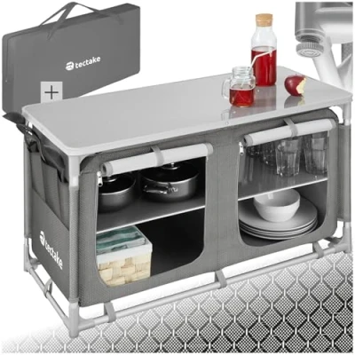 Abbildung von tectake® Camping Küche, Campingschrank faltbar, Reiseküche, Küchenschrank mit Arbeitsplatte und Staufächern für Outdoorküche, Vorzelt, Wohnwagen oder Auto Tragetasche grau