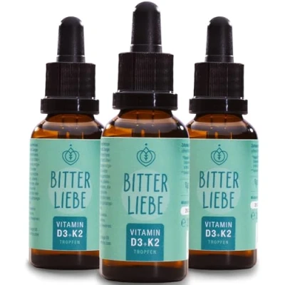 Abbildung von BitterLiebe Vitamin D3 K2 Tropfen hochdosiert und vegan hoch bioverfügbare für starke Knoche Immunsystem, fördert Herz Kreislauf System Muskelgesundheit 3x 30 ml
