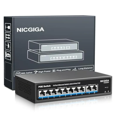 Abbildung von 8 Port PoE Switch Unmanaged mit Ports 100 Mbit/s PoE+@120 W + 2 * Gigabit Uplink Port, NICGIGA 10 802.3af/at Power Over Ethernet Netzwerk Switch, VLAN und 250 m Extender Modus, lüfterlos.