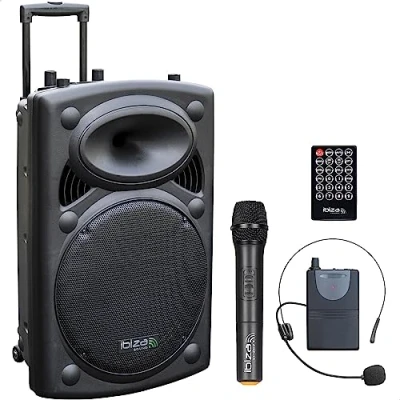 Abbildung von Ibiza PORT15UHF BT Tragbares Lautsprechersystem 15&quot;/800W MAX mit 2 Mikrofonen (UHF), Fernbedienung und Schutztasche Bluetooth, USB, SD &amp; TWS 6 bis 8 Std. Betriebsdauer