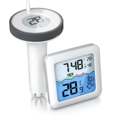 Abbildung von CSL Poolthermometer Funk digital Basisstation mit Schwimmer Wassertemperatur Innentemperatur Luftfeuchtigkeit DCF Uhrzeit Pool Thermometer schwimmend bis 60 m Reichweite