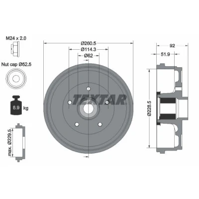 Abbildung von TEXTAR 94047500 Bremstrommel mit ABS Sensorring, Radlager, ohne Radbefestigungsbolzen, Radnabe 261 DACIA: Duster SUV, II