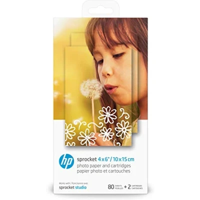 Abbildung von HP Sprocket Studio Fotopapier und Patronen (80 Blatt 10 x 15 cm Papier + 2 Druckerpatronen) für