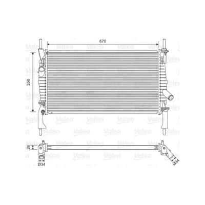 Abbildung von VALEO 701606 Kühler, Motorkühlung Aluminium 358 670 26 ohne Kühlmittelregler Kühlrippen gelötet FORD: Transit Mk6 Pritsche/Fahrgestell