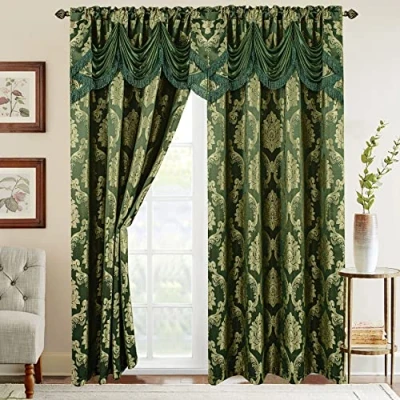 Abbildung von Elegant Comfort Jacquard Optik Vorhang Set mit angenähtem Wasserfall Volant (2er Set), 137 x 213 cm, Jägergrün/Salbei