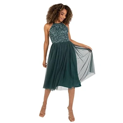 Abbildung von Maya Deluxe Damen Women&#039;s Midi Dress With Halter Neck Tulle for Evening Graduation Prom Wedding Bridesmaid Brautjungfernkleid, Emerald Green, 34 EU