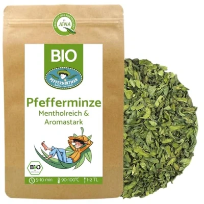 Abbildung von Bio Pfefferminztee 250g mentholreich &amp; aromastark europäischer Anbau vom Familienbetrieb lose und getrocknet PEPPERMINTMAN