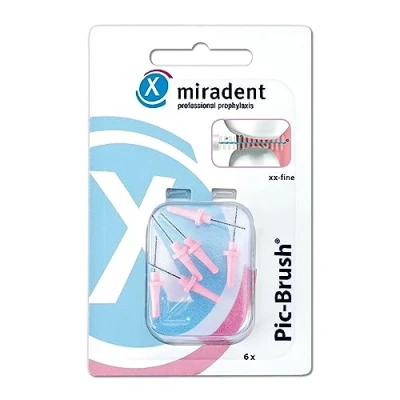 Abbildung von miradent Pic Brush® Interdentalbürste xx fine pink 2,2 mm mit bewährter Aufsteckfunktion 6 Stück für eine optimal gründliche Reinigung der Zahnzwischenräume, Brackets, Zahnspangen, Brücken