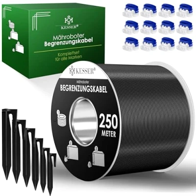 Abbildung von KESSER® Begrenzungskabel 250m + 800 Erdspieße 12 Kabelverbinder für Mähroboter Rasenmäher Rasenroboter Zubehör Set Begrenzungsdraht Universal kompatibel mit Gardena/Bosch/Worx/Einhell/Honda/ROBOMOW