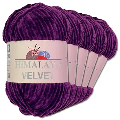 Abbildung von Wohnkult Himalaya 5 x 100 g Velvet Dolphin Wolle 40 Farben zur Auswahl Chenille Strickgarn Glanz Flauschgarn Accessoire Kleidung (90028 Lila)