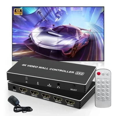 Abbildung von Videowand Controller 2x2 4K HDMI Video Wall für 4 Kanal Splicing Display,8 Spleißmodi 1x2 1x3 1x4 2x1 3x1 4x1,180drehbar und Fernbedienung,4 TV Bildschirme in 1 Wanddisplay
