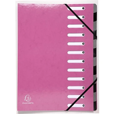 Abbildung von Exacompta 53928E Premium Ordnungsmappe Iderama. Aus beschichtetem Colorspan Karton DIN A4 12 vollfarbige Fächer, dehnbarer Rücken und 2 Gummizüge mit Indexfenstern Register Mappe rosa
