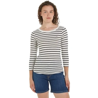 Abbildung von Tommy Hilfiger Damen Langarmshirt 1985 Slim Slub Basic, Mehrfarbig (Breton Ecru/Desert Sky), XXS