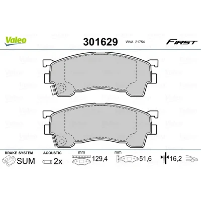 Abbildung von VALEO 301629 Bremsbelagsatz FIRST Vorderachse inkl. Verschleißwarnkontakt mit Anti Quietsch Blech MAZDA: Premacy, MX 6, 323 F FORD USA: PROBE 2