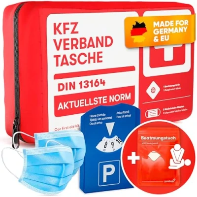 Abbildung von PURAHELP KFZ Verbandstasche nach aktueller Norm 2025 DIN 13164 (StVO konform) + Parkscheibe Inkl. Beatmungstuch Erste Hilfe Set Auto Verbandskasten