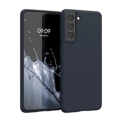Abbildung von kwmobile Hülle kompatibel mit Samsung Galaxy S21 weiches TPU Silikon Case Cover geeignet für kabelloses Laden Dunkelblau