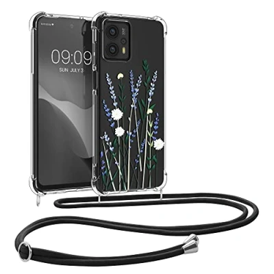 Abbildung von kwmobile Necklace Case kompatibel mit Motorola Moto G23 / G13 Hülle Silikon Cover Handykette Lavendel Grün Transparent Blumenhalme