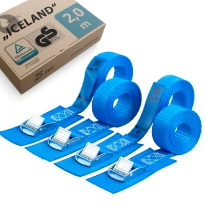 Abbildung von valonic Iceland Spanngurte, TÜV Rheinl. / GS Zertifiziert, mit Pad, 2m, 25mm, 250Kg, EN 12195 2 4 Stück Spanngurt Klemmschloss für Auto Dachbox, SUP Board, Kajak, blau