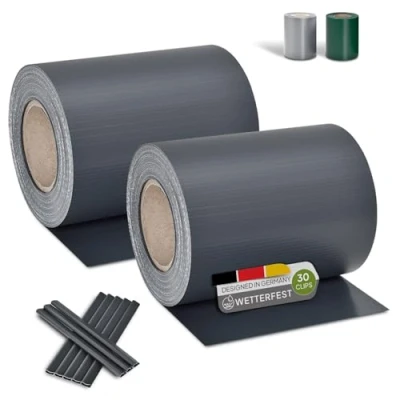 Abbildung von Juskys PVC Sichtschutzstreifen Doppelstabmatten Zaun 2er Set 2 Rollen á 35m x 19cm 60 Befestigungsclips Zaunfolie Sichtschutz Windschutz anthrazit