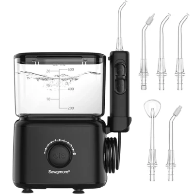 Abbildung von Sawgmore Munddusche, Elektrische Zahnzwischenraumreiniger mit 10 Einstellbaren Druckstufen, 600ml Fassungsvermögen, Oral Irrigator 5 multifunktionalen Düsenspitzen für Zuhause (Schwarz)