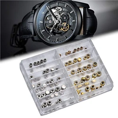 Abbildung von 100 Teile/schachtel Uhr Krone Ersatzteile, Silber Bronze Kupfer Verschiedene Teile Ersatz Zubehör Repairing Tool Kit