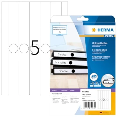 Abbildung von HERMA 5165 Hängeordner Etiketten lang schmal, 25 Blatt, 34 x 297 mm, 5 pro A4 Bogen, 125 Stück, selbstklebend, bedruckbar, blickdicht, blanko Papier Ordneretiketten Rückenschilder Aufkleber, weiß