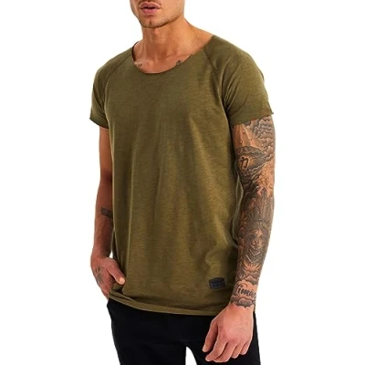 Abbildung von Leif Nelson Herren Sommer T Shirt Rundhals Ausschnitt Slim Fit Baumwolle Anteil Moderner Männer Crew Neck Hoodie Sweatshirt Kurzarm lang LN6336 Khaki Large